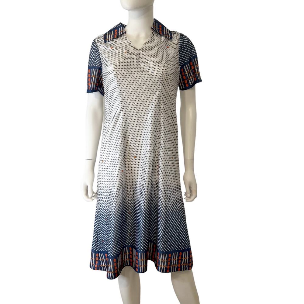 Vintage 1970s White Blue Geometric Collared Midi Dress, Small